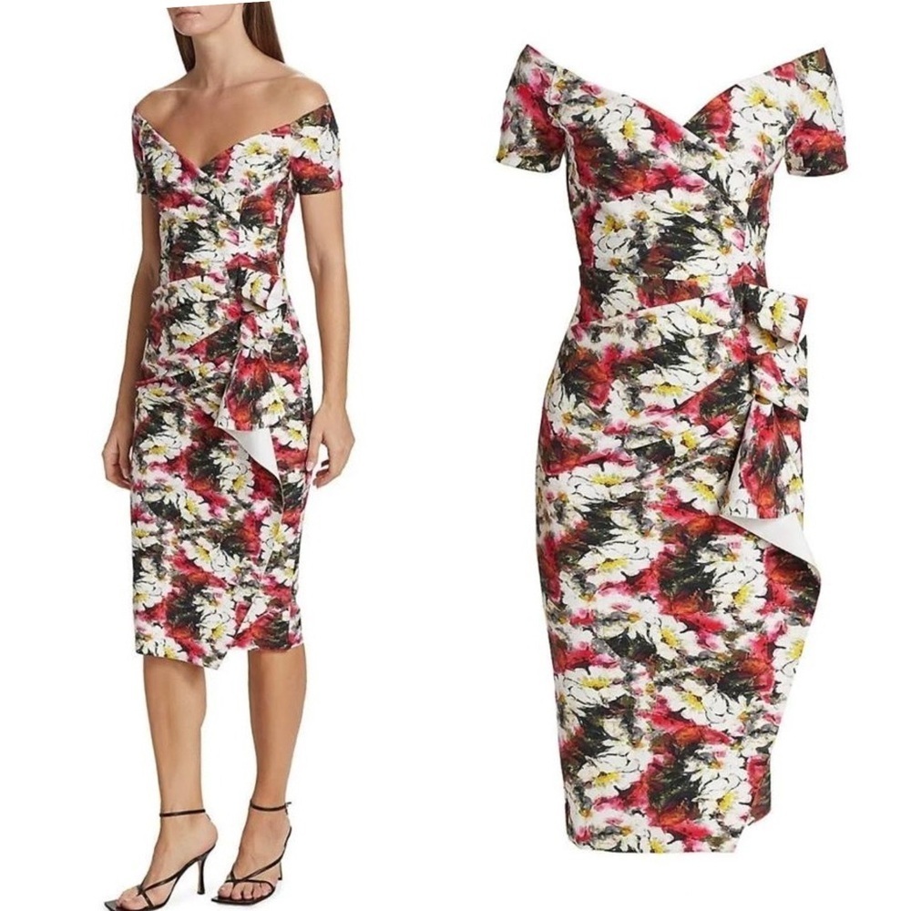 Chiara Boni La Silveria Floral Ruffle Off Shoulder Bodycon Cocktail Midi Dress